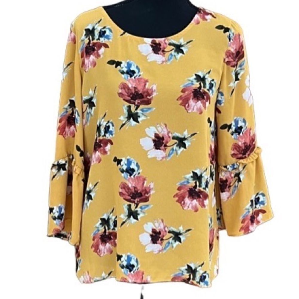 Charming Charlie gold floral top with bell sleeves and criss cross back size M